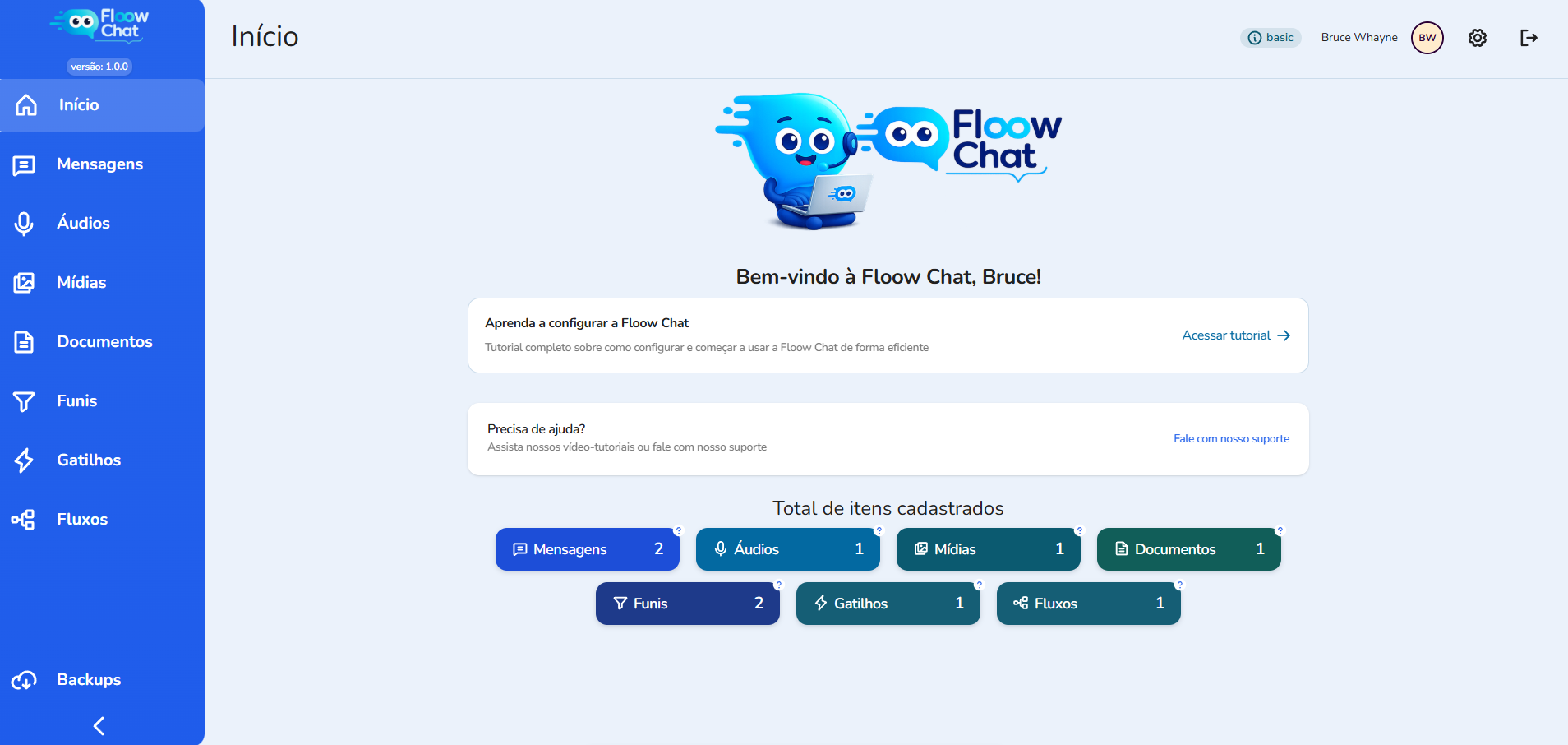 Painel do Floow Chat: mensagens, áudios, mídias, funis, gatilhos e fluxos