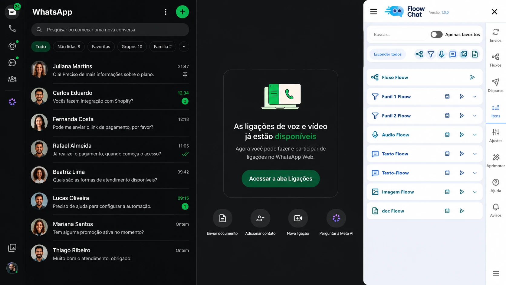 WhatsApp Web com a barra do Floow Chat aberta ao lado das conversas